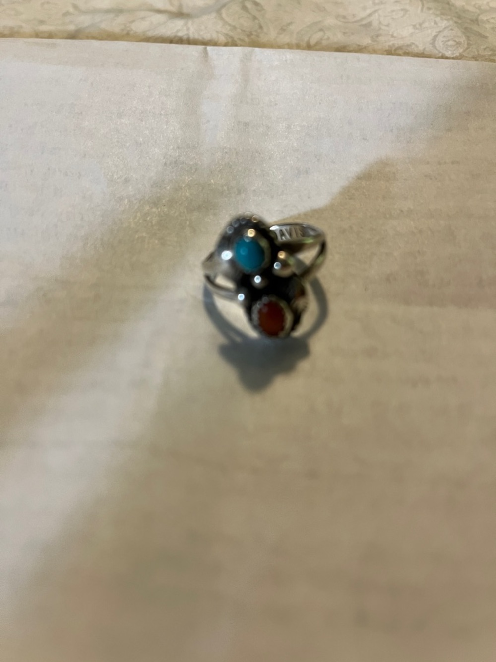 Clyde Davis Sterling Silver Turquoise and Coral Double Stone Ring